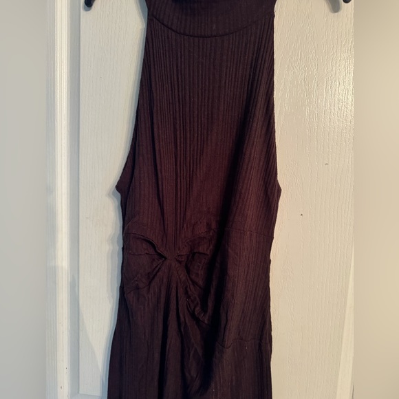 Free People Ribbed Maxi Dress Espresso Brown | Size Large | Mock Neck Slit Dress - Picture 2 of 6